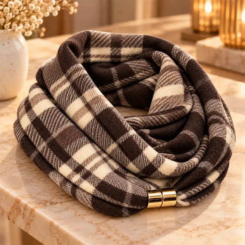 🧣 Κασκόλ-λαιμός με καρό μοτίβο και μαγνητικό κούμπωμα · Απαλό υλικό, με αίσθηση κασμίρι · Κομψό αξεσουάρ για το φθινόπωρο και τον χειμώνα · Άνετο και εύκολο στη χρήση!