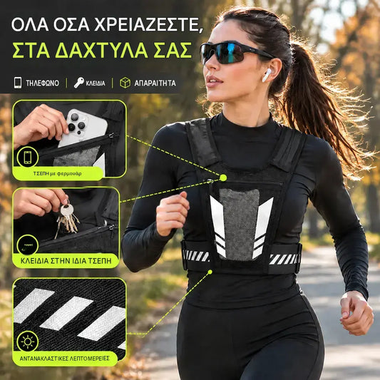 🏃 Γιλέκο για Τρέξιμο και Αθλητικές Δραστηριότητες με Θήκη στο Στήθος · Τσέπη με Φερμουάρ για το Κινητό · Υποδοχή στο Πίσω Μέρος για Παγούρι · Ανακλαστικές Λεπτομέρειες για το Βράδυ · Διαπνέον Διχτυωτό Υλικό και Ρυθμιζόμενοι Ιμάντες!