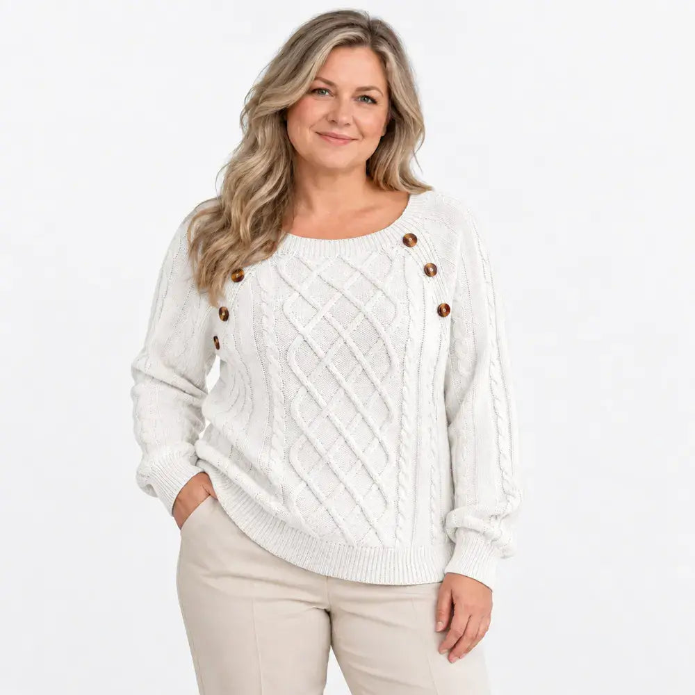 【S-2XL】Damowy sweter casualowy na jesień i zimę – kwadratowy dekolt, guziki, wzór warkocza
