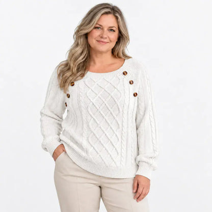 【S-2XL】Damowy sweter casualowy na jesień i zimę – kwadratowy dekolt, guziki, wzór warkocza