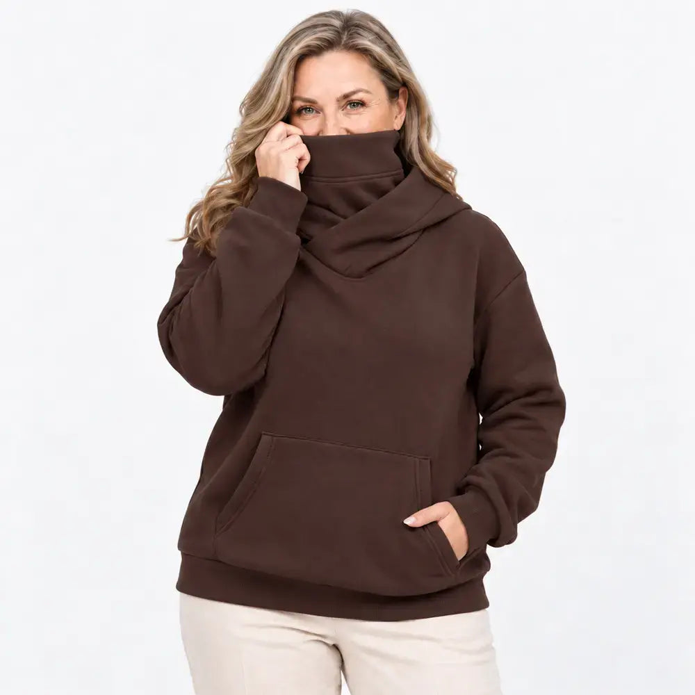 【S-3XL】Damowa bluza z kapturem – luźna, z efektem kołnierza, z długim rękawem, polarowa, z kieszeniami, outdoorowa