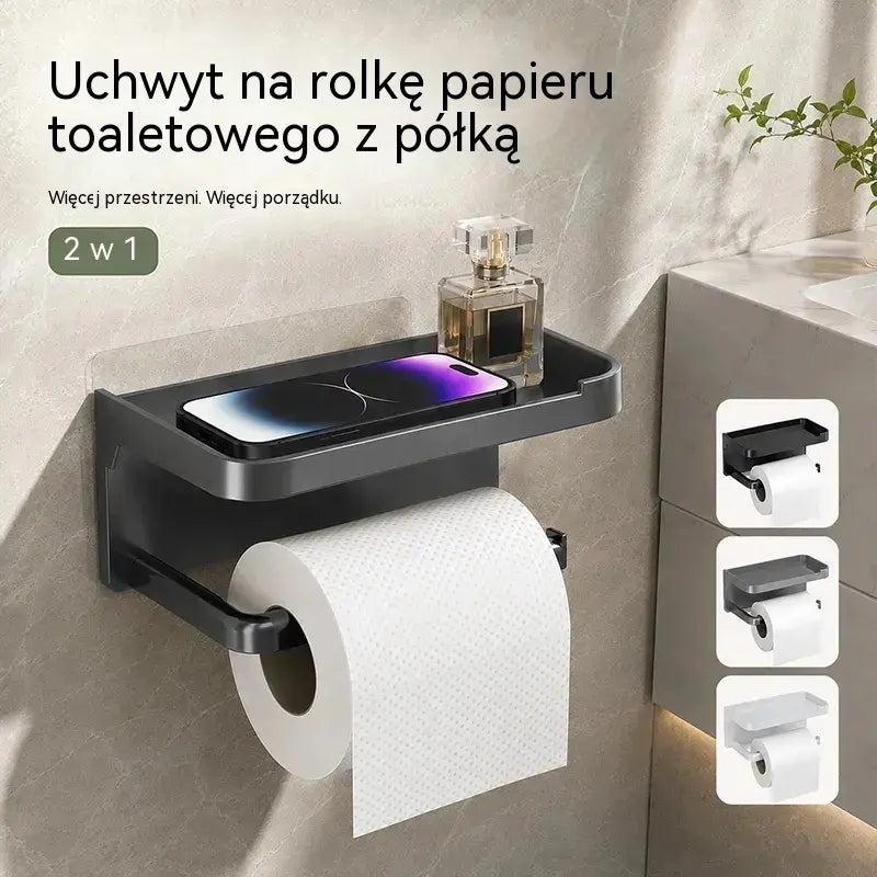 Uchwyt ścienny na papier toaletowy z akcesoriami, solidna podstawa, nowoczesna półka łazienkowa, łatwy w montażu, można w nim trzymać telefony komórkowe i inne przedmioty.