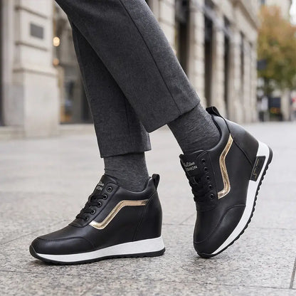 👠Damskie trampki na platformie z ukrytym klinem – skórzane buty codzienne w stylu koreańskim – gruba podeszwa, wygodne buty sportowe