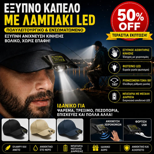 🧢🌙🔦Ενσωματωμένο κάλυμμα έξυπνης λάμπας LED, εξωτερικό φως νυχτερινού ψαρέματος, εύκολη φόρτιση και μεγάλη διάρκεια ζωής μπαταρίας