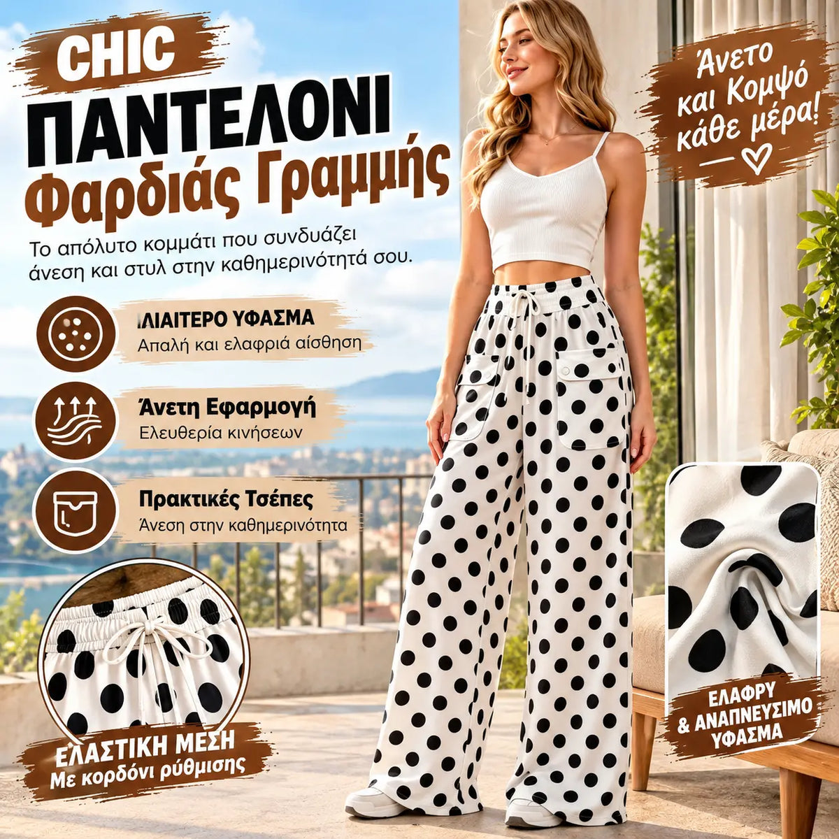 👖🌸【S-3XL】Γυναικείο παντελόνι σε φαρδιά γραμμή με πουά μοτίβο🎨
