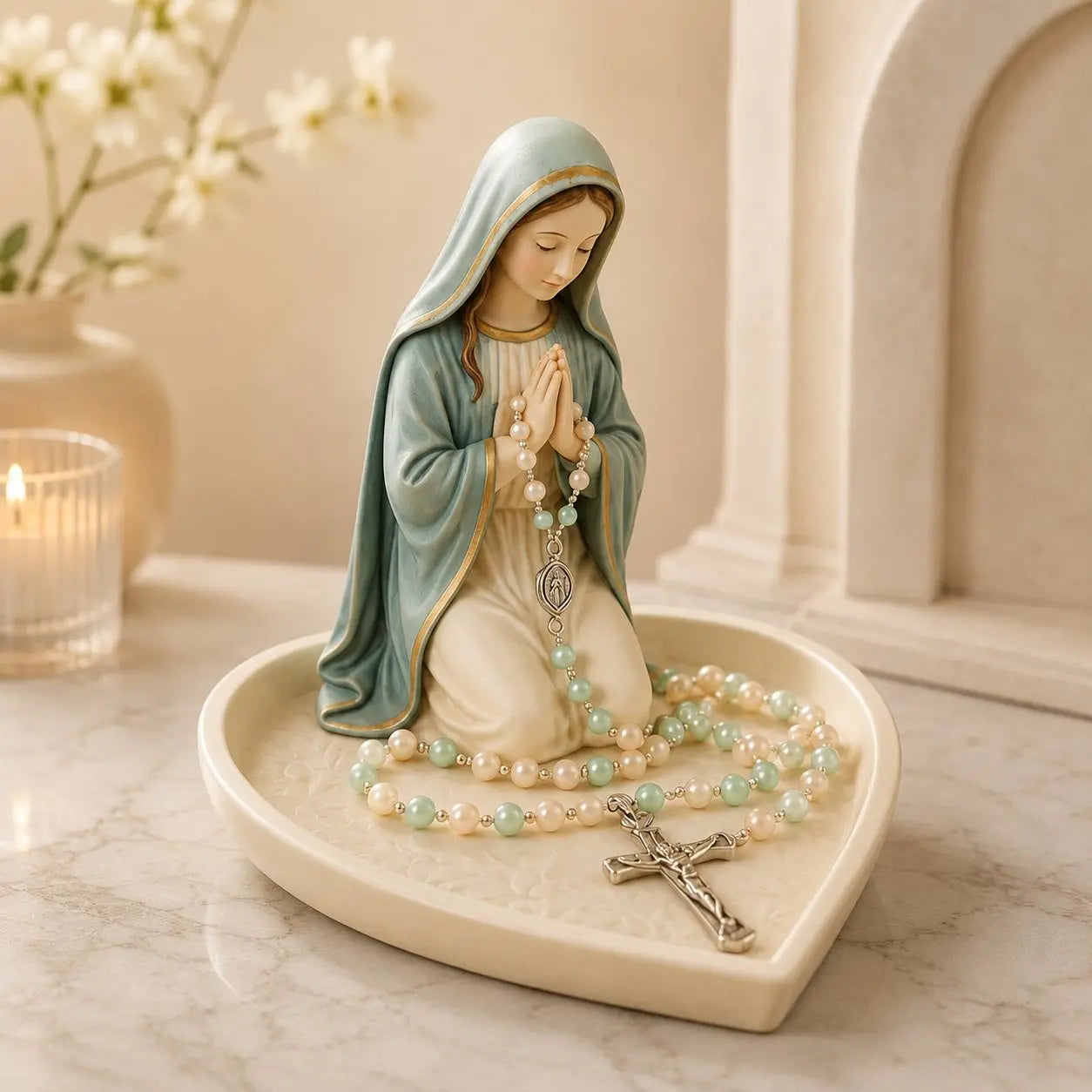 ✝️ Świetna oferta: 50% zniżki – ceramiczna taca z wizerunkiem Matki Boskiej „Graceful Faith” do przechowywania różańców lub pamiątek.