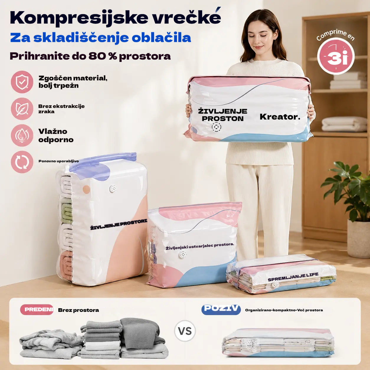 👕📦【5 kosov 25 evrov】Kompresijske vrečke za shranjevanje oblačil, brez potrebe po vakuumu, ojačana zasnova.