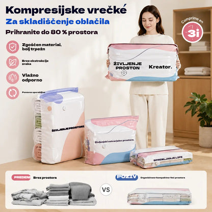 👕📦【5 kosov 25 evrov】Kompresijske vrečke za shranjevanje oblačil, brez potrebe po vakuumu, ojačana zasnova.
