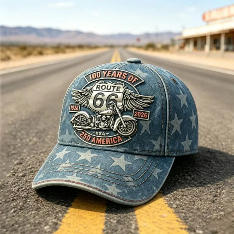 Regulowana czapka baseballowa w stylu retro Route 66, idealny wybór dla miłośników kolarstwa.