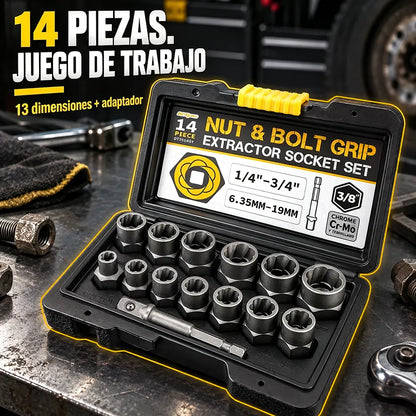 Kit de 14 Vasos Extractores de Tuercas y Tornillos | Vasos Antideslizantes para Tornillos Oxidados, Dañados o Pasados de Rosca
