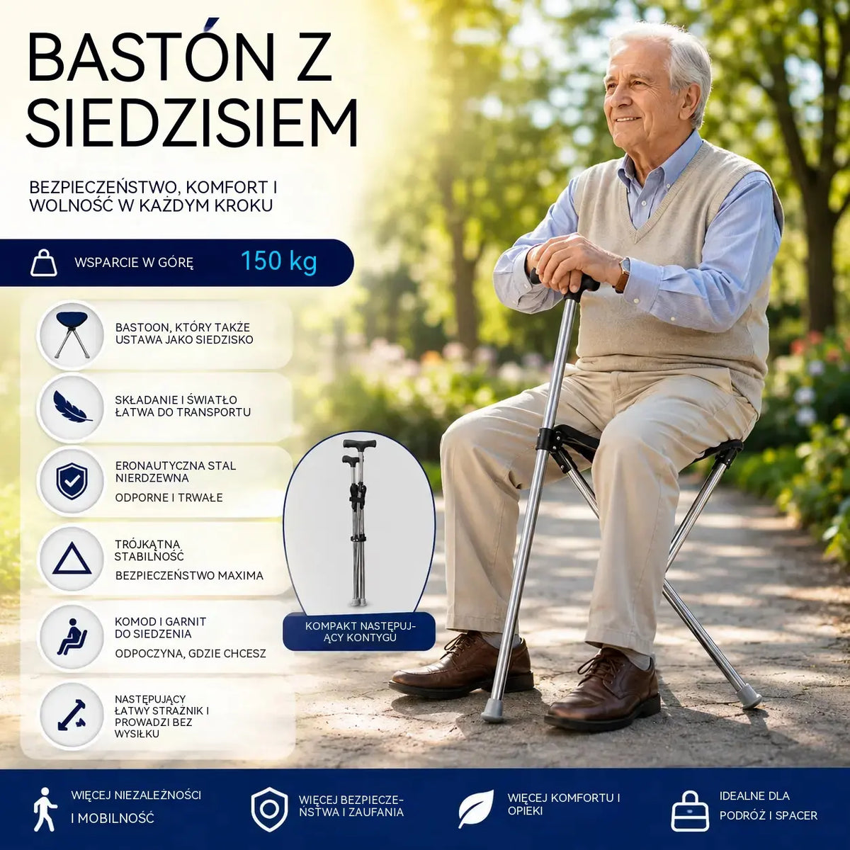 ✨2 w 1 składana laska z krzesłem, kule są antypoślizgowe, składane i przenośne✅