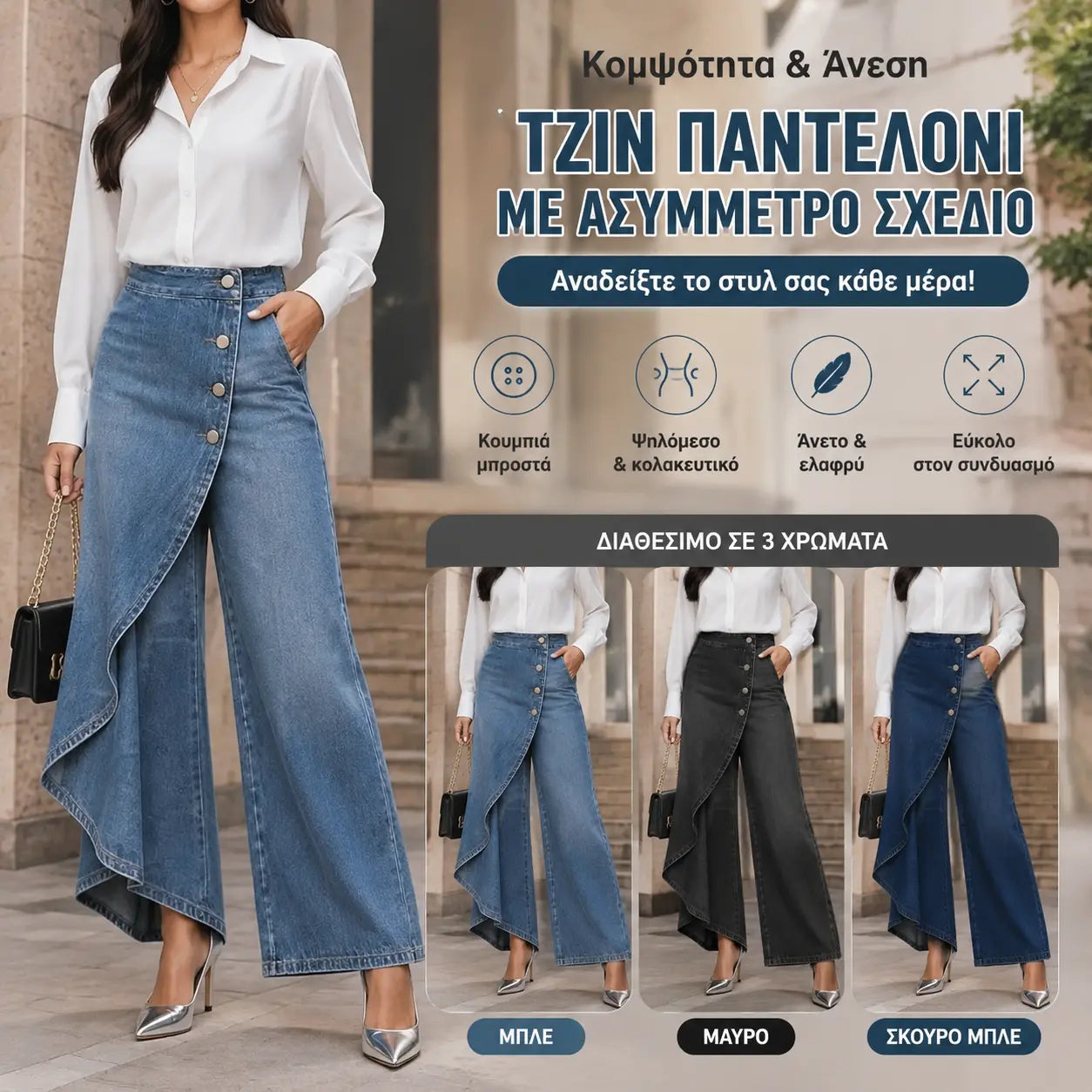 🥇Γυναικείο τζιν με ψηλή μέση και φαρδιά γραμμή, χαλαρή εφαρμογή, με κομψό σχεδιασμό.