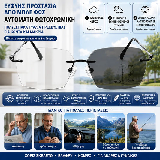 Φωτοχρωμικά γυαλιά ανάγνωσης χωρίς πλαίσιο, αυτόματο ζουμ, προοδευτικά πολυεστιακά, διπλής χρήσης (για κοντινή και μακρινή όραση), μπλοκάρισμα μπλε φωτός