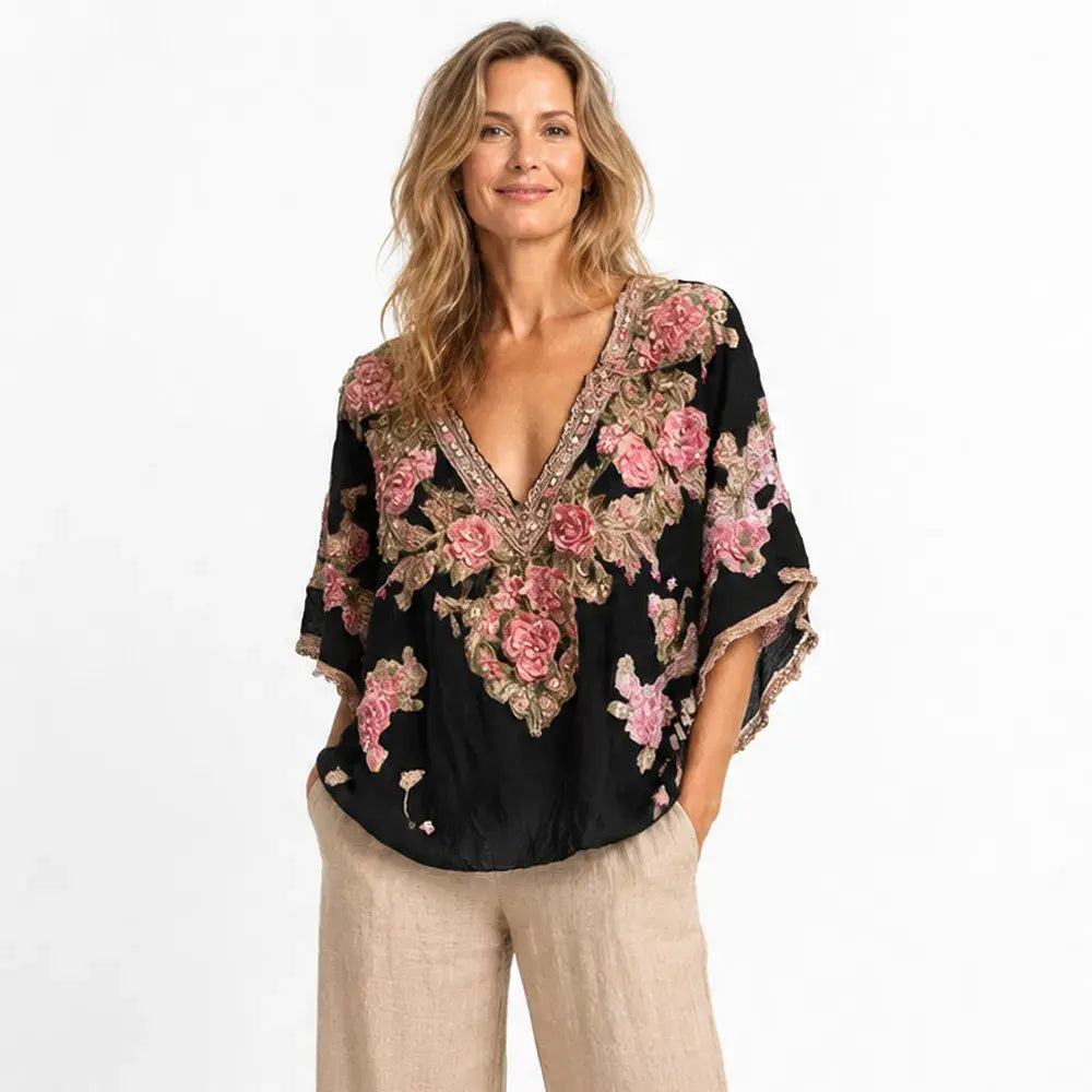 🌸 Wyrafinowany i wygodny styl boho-chic! Elegancka bluzka z dekoltem w serek i kwiatowym nadrukiem (Koronka z cienkiej wełny / Luźny krój / 4 kolory / Rozmiary: S-4XL)! ✨