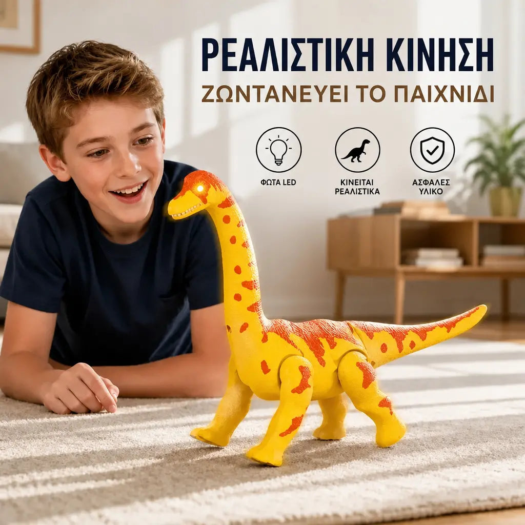 🦕 Ηλεκτρικός Βραχιόσαυρος που περπατάει: ένα παιχνίδι δεινόσαυρου με κίνηση, ηχητικά εφέ και φωτιζόμενα μάτια LED.