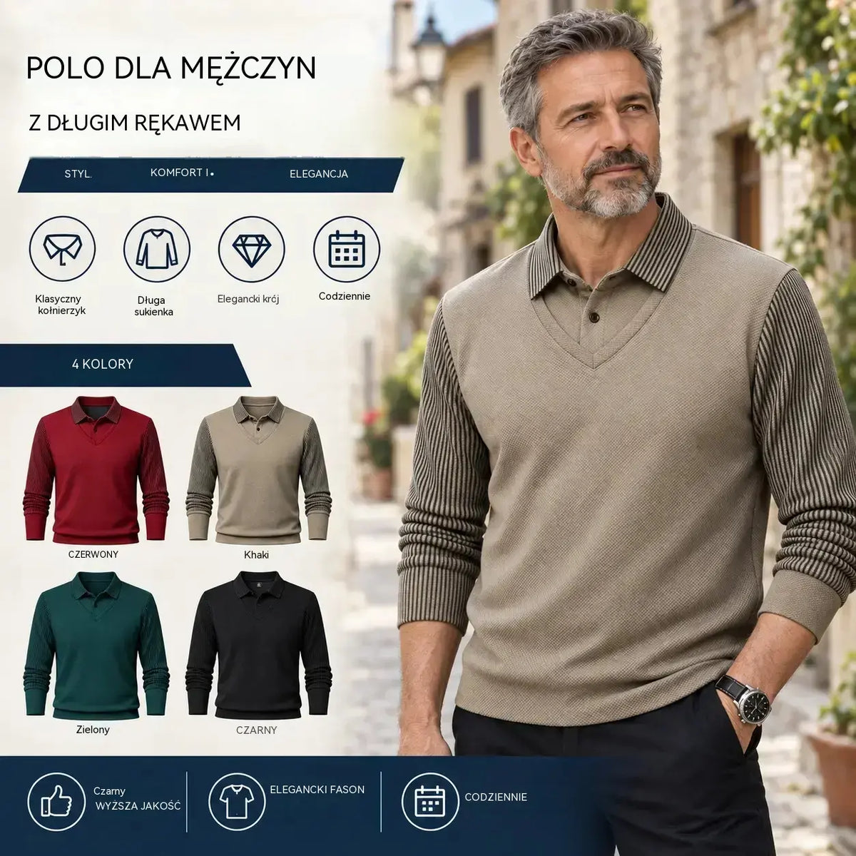 【M-4XL】 👔 Męska koszulka polo z długim rękawem typu „2 w 1” · Ocieplana, z podszewką · Elegancki fason z klasycznym kołnierzykiem i rękawami w paski · Styl casualowy i biznesowy!