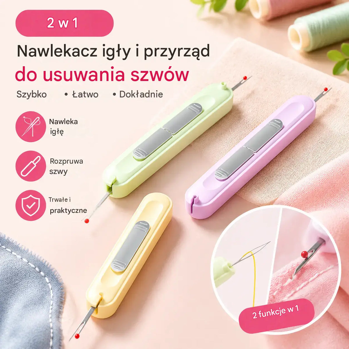 Narzędzie 2 w 1: nawlekacz i prujka do szwów