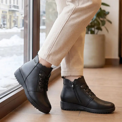 【35-40】Nowe damskie buty na koturnie z ociepleniem – z okrągłym noskiem, wygodne, antypoślizgowe, krótkie botki, dla mam