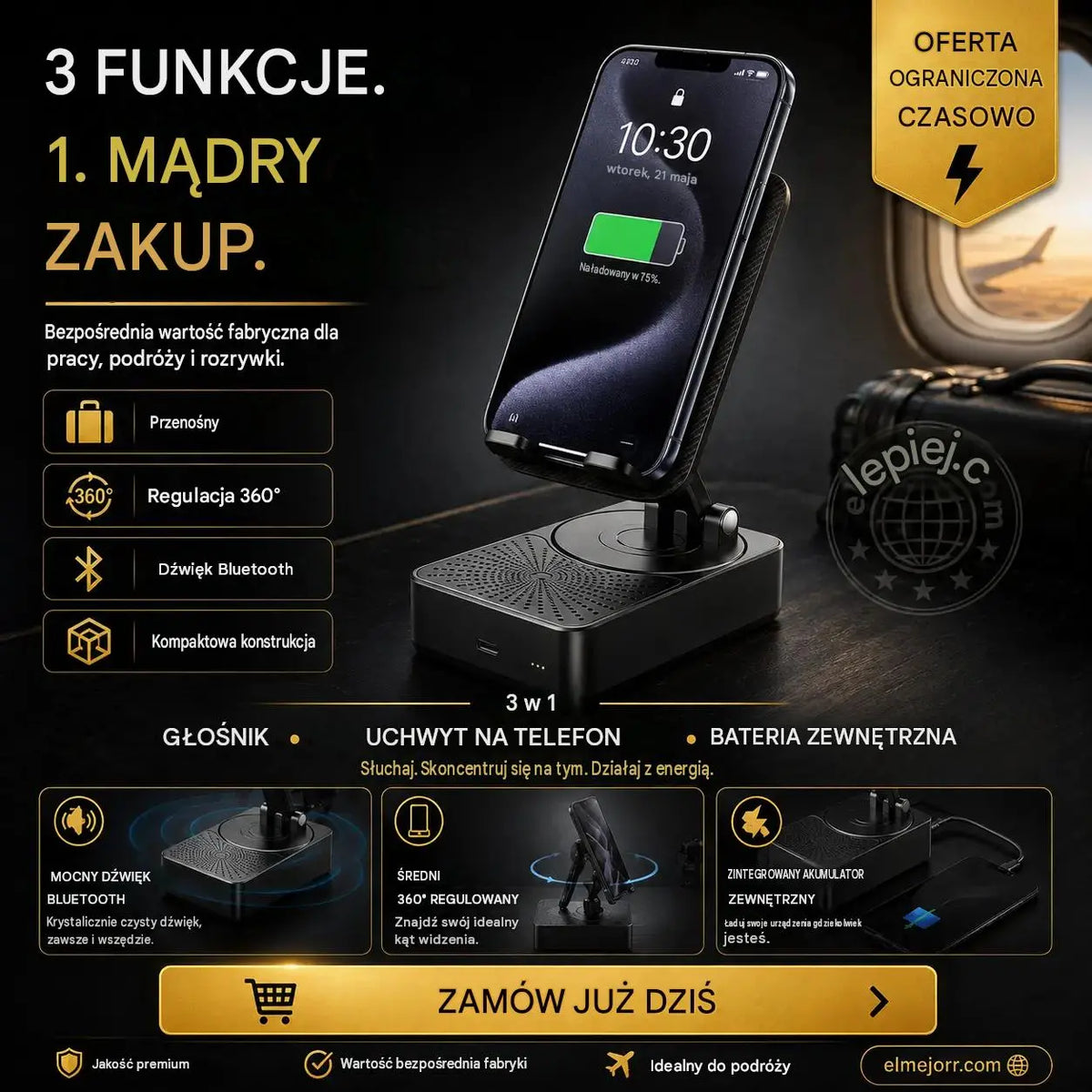 🔥 3 w 1: głośnik Bluetooth + ładowarka + stojak 360° na telefon komórkowy 📱🔊⚡