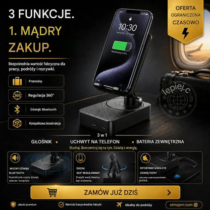 🔥 3 w 1: głośnik Bluetooth + ładowarka + stojak 360° na telefon komórkowy 📱🔊⚡