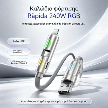 🔥 【2 τεμάχιο 27 ευρώ 】 🔥 (μήκος 2 μέτρα) Καλώδιο PD 240W 4 σε 1 – USB-C, Lightning και USB-A Γρήγορη φόρτιση, Αλουμίνιο και Σιλικόνη, Συγχρονισμός δεδομένων ⚡📱