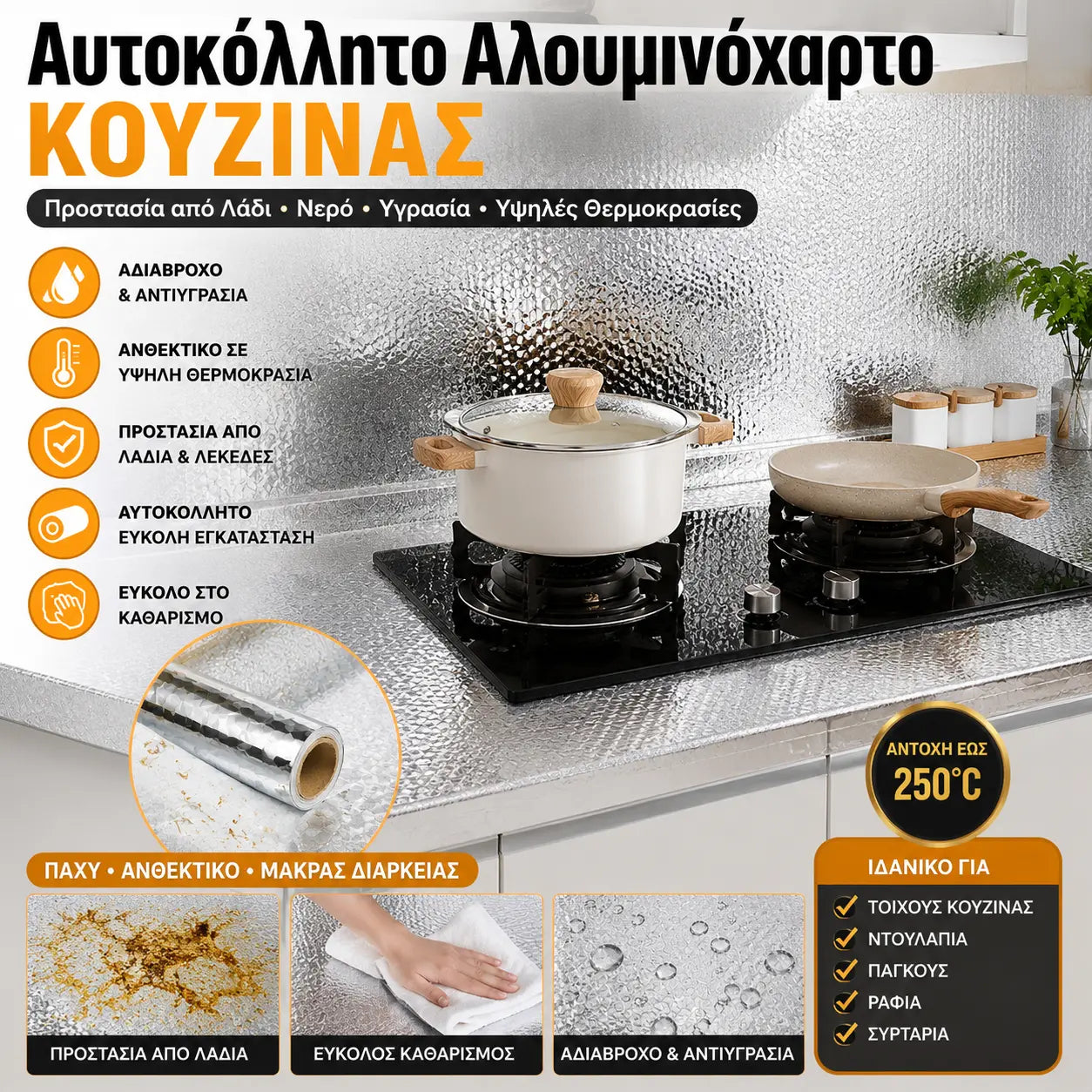 【Πλάτος 40 * Μήκος 3μ】💦Αυτοκόλλητη ταπετσαρία κουζίνας, αδιάβροχα και αδιάβροχα αυτοκόλλητα κουζίνας