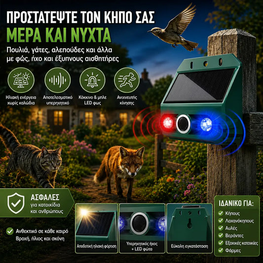 🔥Εξωτερικός Υπερηχητικός Απωθητήρας Ζώων: Απωθεί πουλιά και ζώα.
