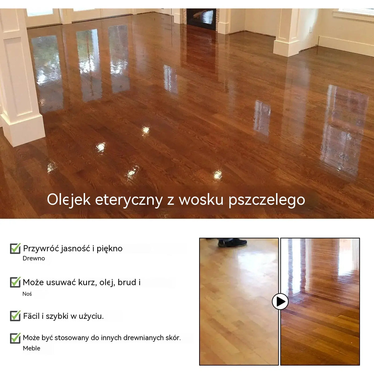 120 ml + gąbka + ściereczka——1 zestaw 89zł ✨Naturalny, mikrocząsteczkowy wosk pszczeli w sprayu do pielęgnacji mebli, konserwacji podłóg i polerowania.