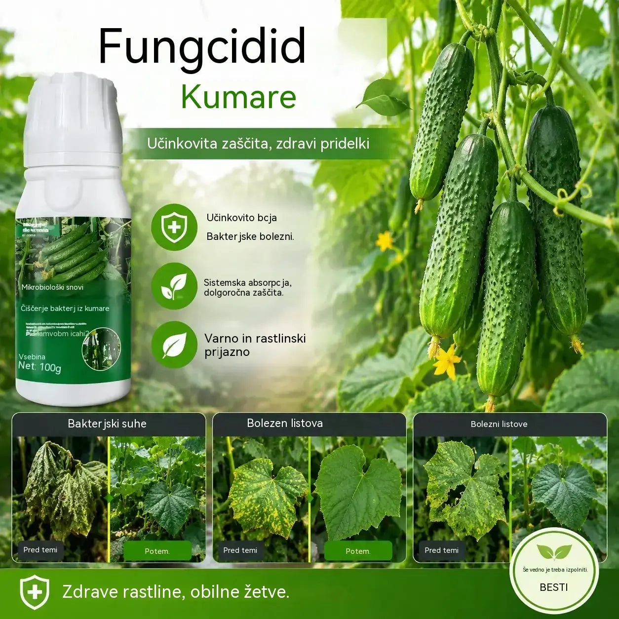 🥒🥒【3 steklenice】Sistemični fungicid za kumare – Učinkovit nadzor nad bakterijskimi boleznimi, rumenimi pegami in listnimi boleznimi