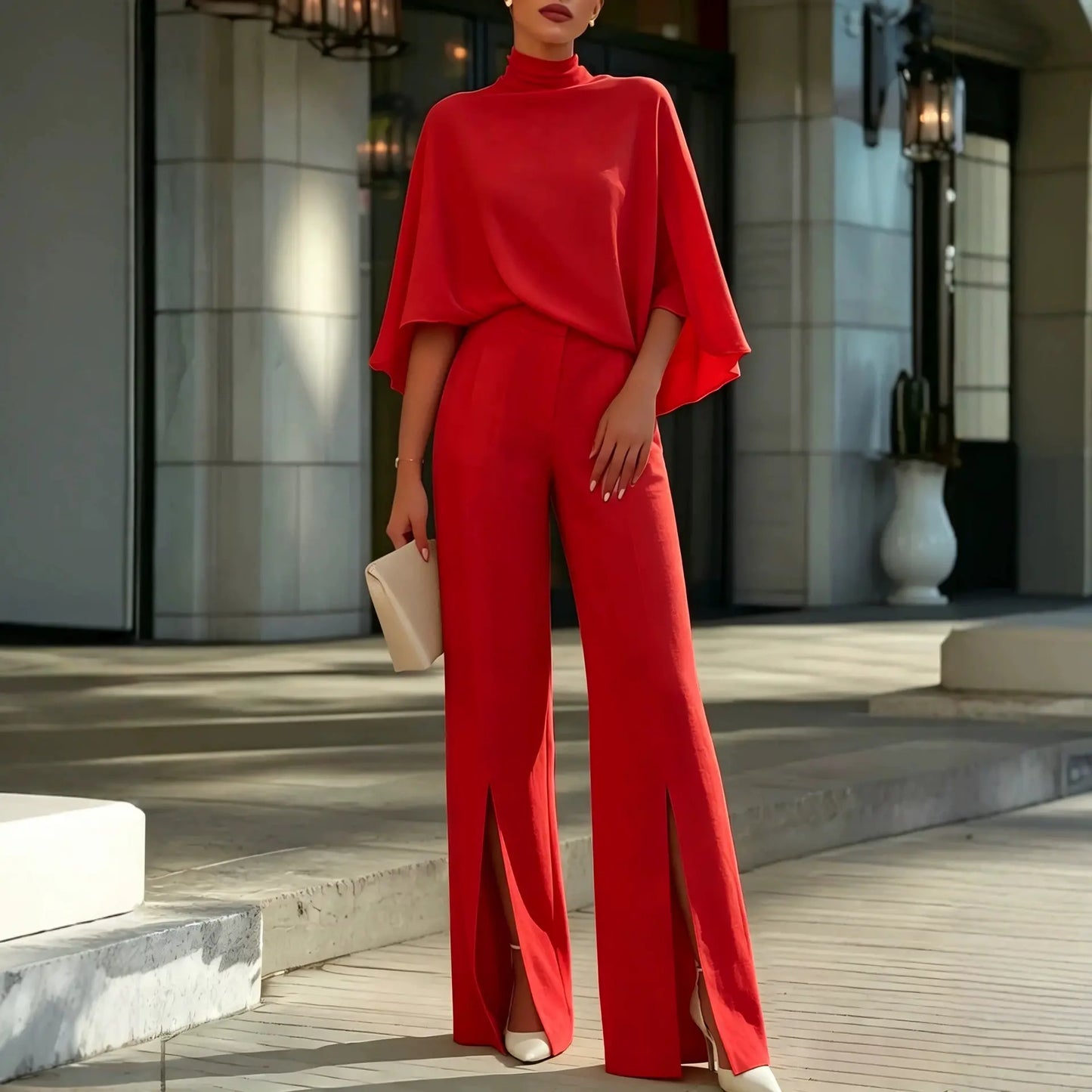 🌸✨【S-3XL】Το γυναικείο κοστούμι περιλαμβάνει ένα κομψό τοπ με ζιβάγκο σε στιλ κάπας και φαρδύ παντελόνι.