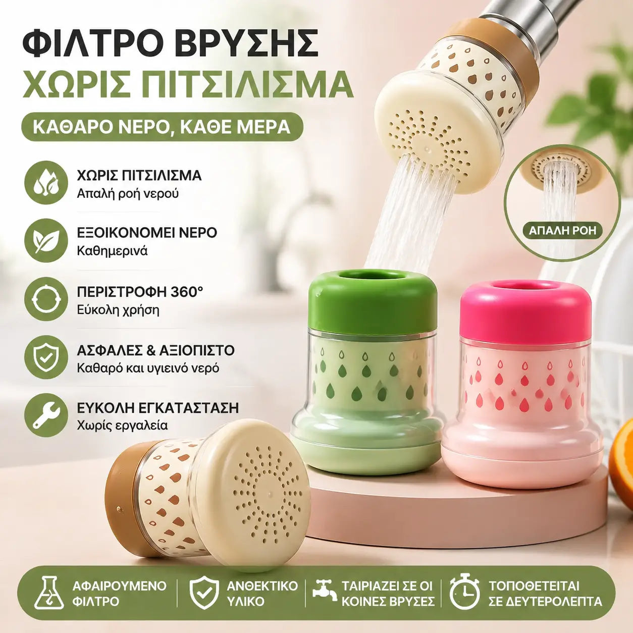 💦  φίλτρο βρύσης χωρίς πιτσιλίσματα -360° – Εξοικονομήστε νερό και πλύνετε καλύτερα