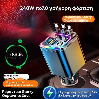 🔋📱7 σε 1 Ανασυρόμενος Γρήγορος Φορτιστής Αυτοκινήτου με Ένδειξη Τάσης – USB-C για Android και Lightning για Apple