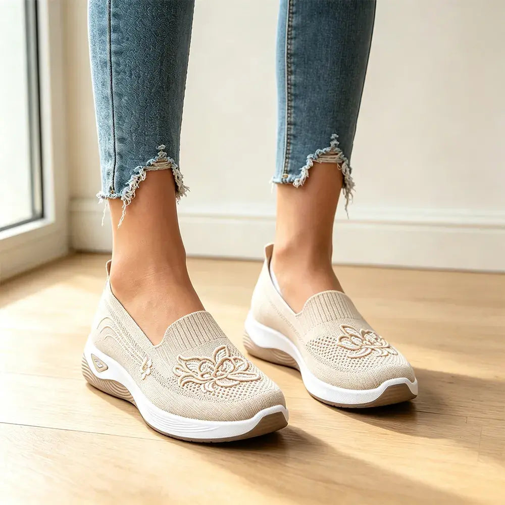 【35-43】👟 Damskie płaskie, haftowane, dzianinowe mokasyny – oddychające, antypoślizgowe, wsuwane buty – lekkie, wygodne, letnie buty do chodzenia