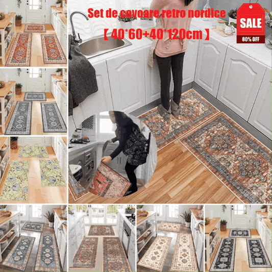 【40*60+40*120cm】🧺 Juego de alfombras nórdicas vintage 🦶 antideslizantes, 🧼 fáciles de limpiar, 🌀 lavables a máquina