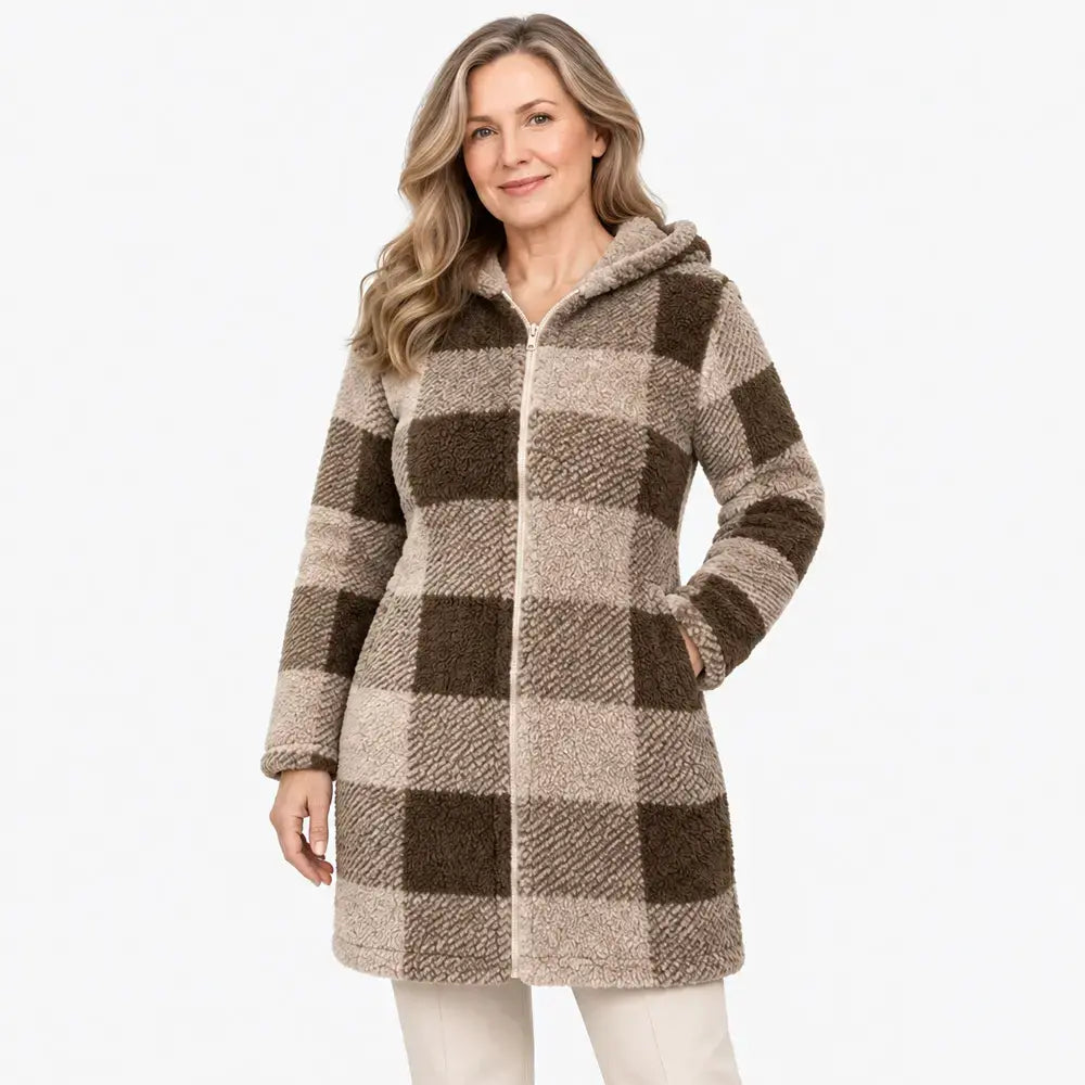 ✨【S-3XL】Długi, dwustronny damski kardigan/płaszcz zapinany na zamek – sztuczne futro i wzór w kratę (jesień/zima)