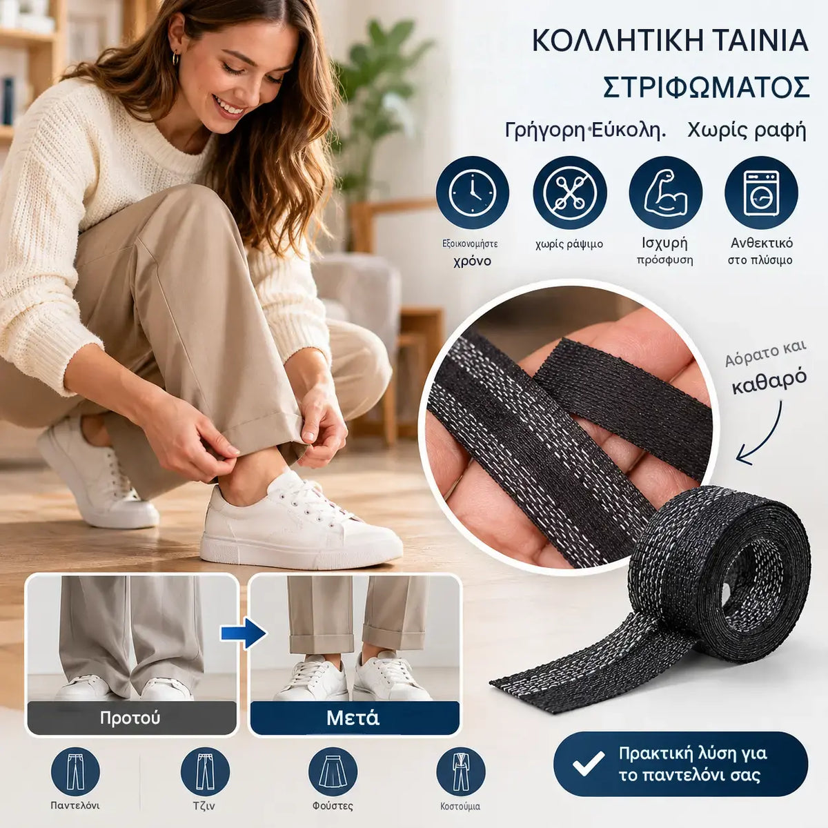 👖10 τεμάχια €24✨ Ταινία χωρίς ραφές για το στρίφωμα – Ρυθμίστε το μήκος του παντελονιού σας σε λίγα λεπτά ✂️