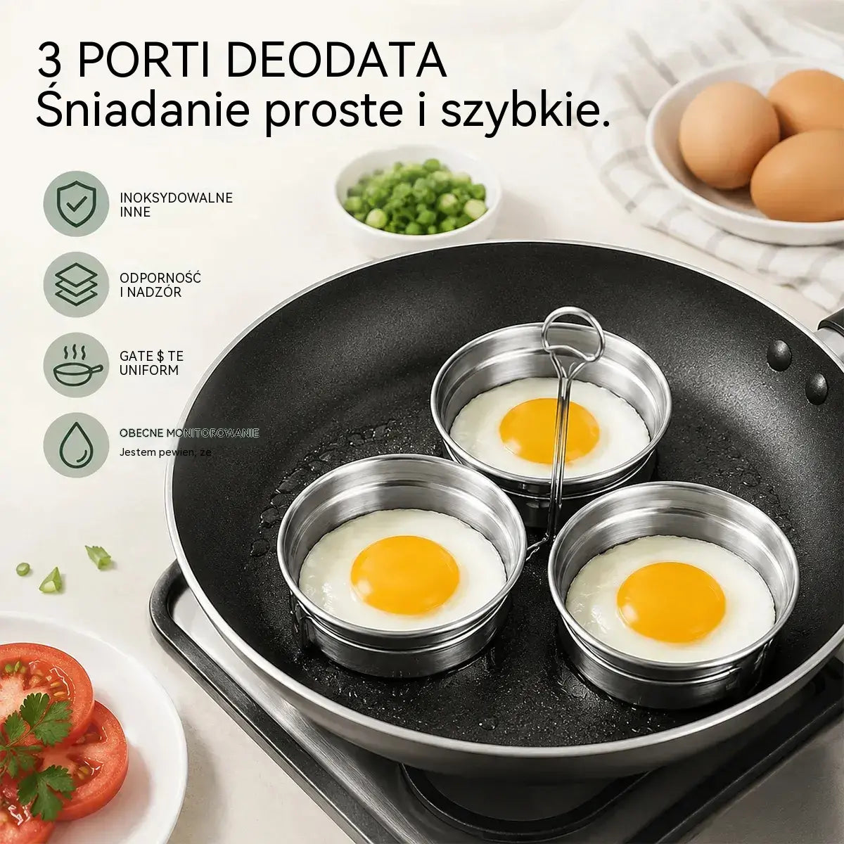 Stalowa patelnia do jajek w koszulkach i smażonych – zestaw 3 wgłębień w kształcie serca/koła, idealna na śniadanie, desery i tarty 🍳🍳🍳