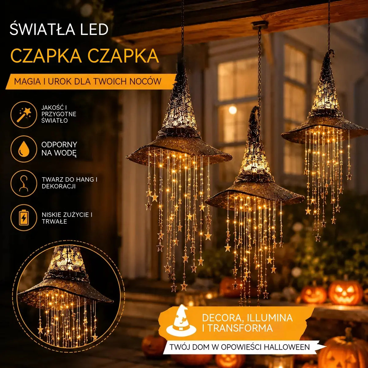 🔮🧙 Wiszący kapelusz czarownicy ze światłem – podświetlany dzwonek wietrzny do dekoracji na Halloween 🎃🌟