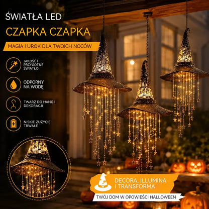 🔮🧙 Wiszący kapelusz czarownicy ze światłem – podświetlany dzwonek wietrzny do dekoracji na Halloween 🎃🌟
