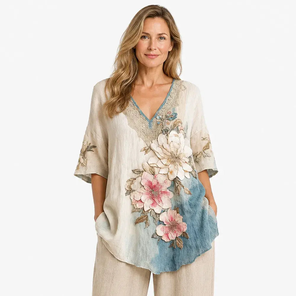 🌸 Wyrafinowany i wygodny styl boho-chic! Elegancka bluzka z dekoltem w serek i kwiatowym nadrukiem (Koronka z cienkiej wełny / Luźny krój / 4 kolory / Rozmiary: S-4XL)! ✨