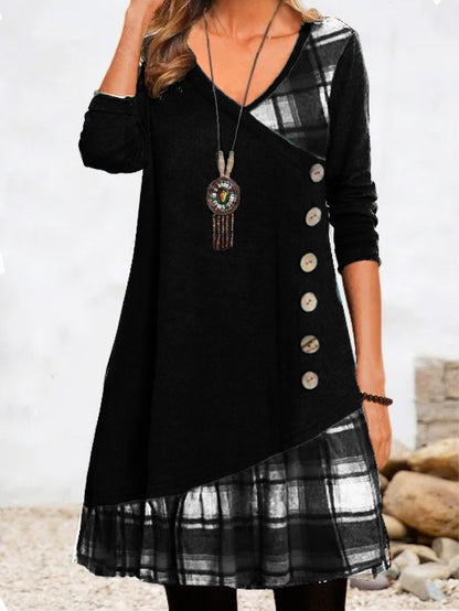 💟【Nový jesenný doplnok】👗Nové elegantné kockované šaty s výstrihom do V a dlhým rukávom 2025