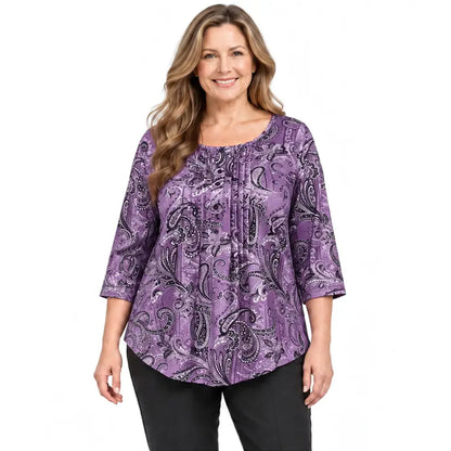 【1XL-5XL/6 kolorów】 Koszulka damska z długim rękawem, zapinana na guziki, na jesień/zimę, z nadrukiem paisley w europejskim i amerykańskim stylu, w dużych rozmiarach, z luźnym nadrukiem