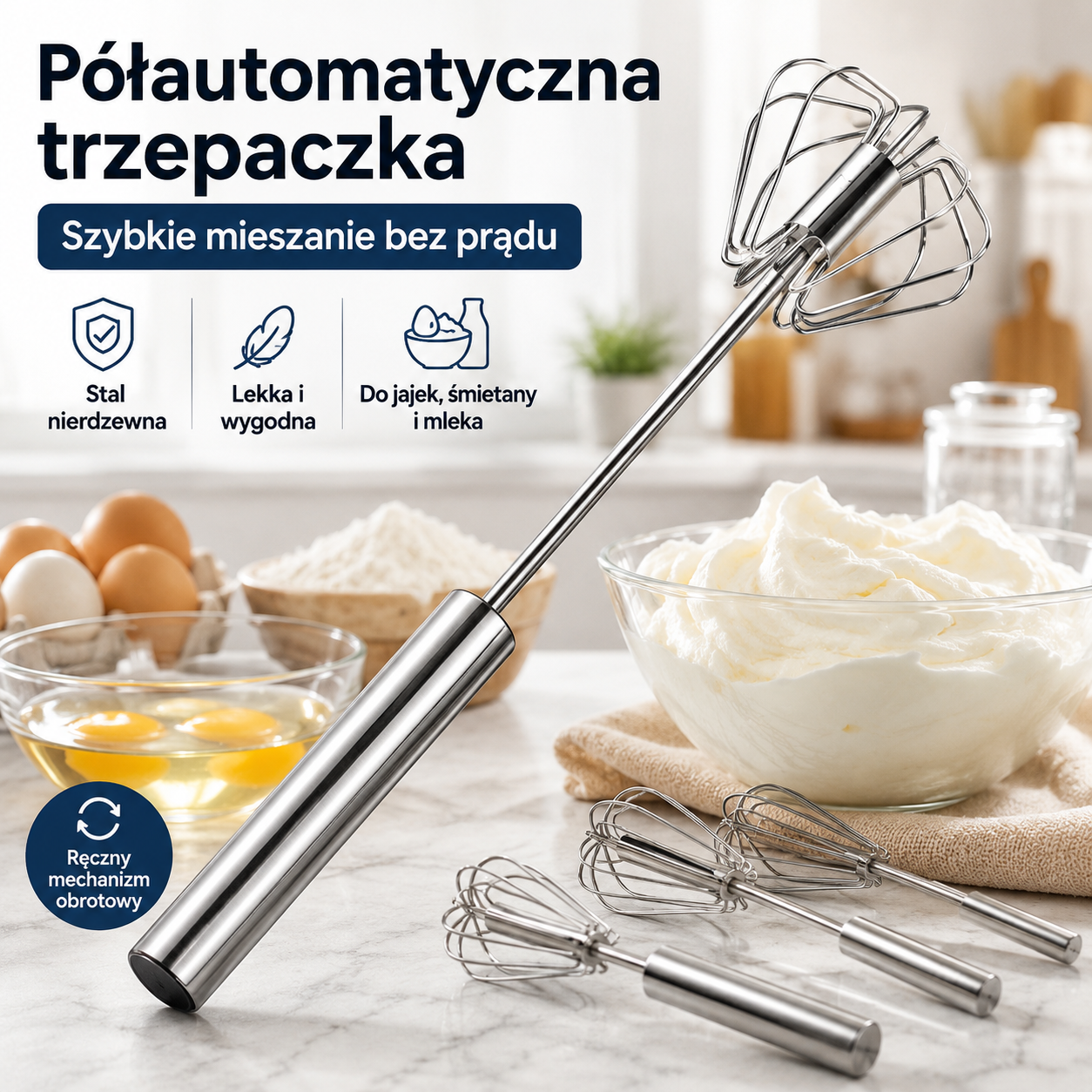 99 złotych【zestaw 3-częściowy】Półautomatyczna trzepaczka do jajek ze stali nierdzewnej
