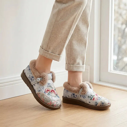 【35-41】Nowe damskie buty zimowe – ocieplane, grube, ciepłe, na miękkiej podeszwie, wsuwane, antypoślizgowe, haftowane, dla mam