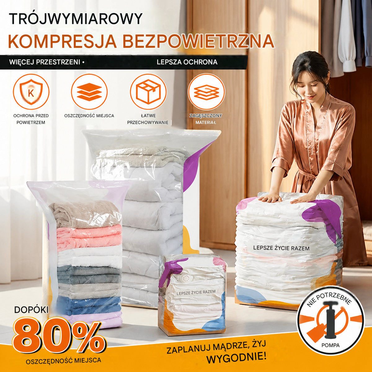 ⏳ Oferta ograniczona czasowo 🔥【Zestaw 4 szt.】 Worki kompresyjne próżniowe bez pompki, pyłoszczelne worki do przechowywania