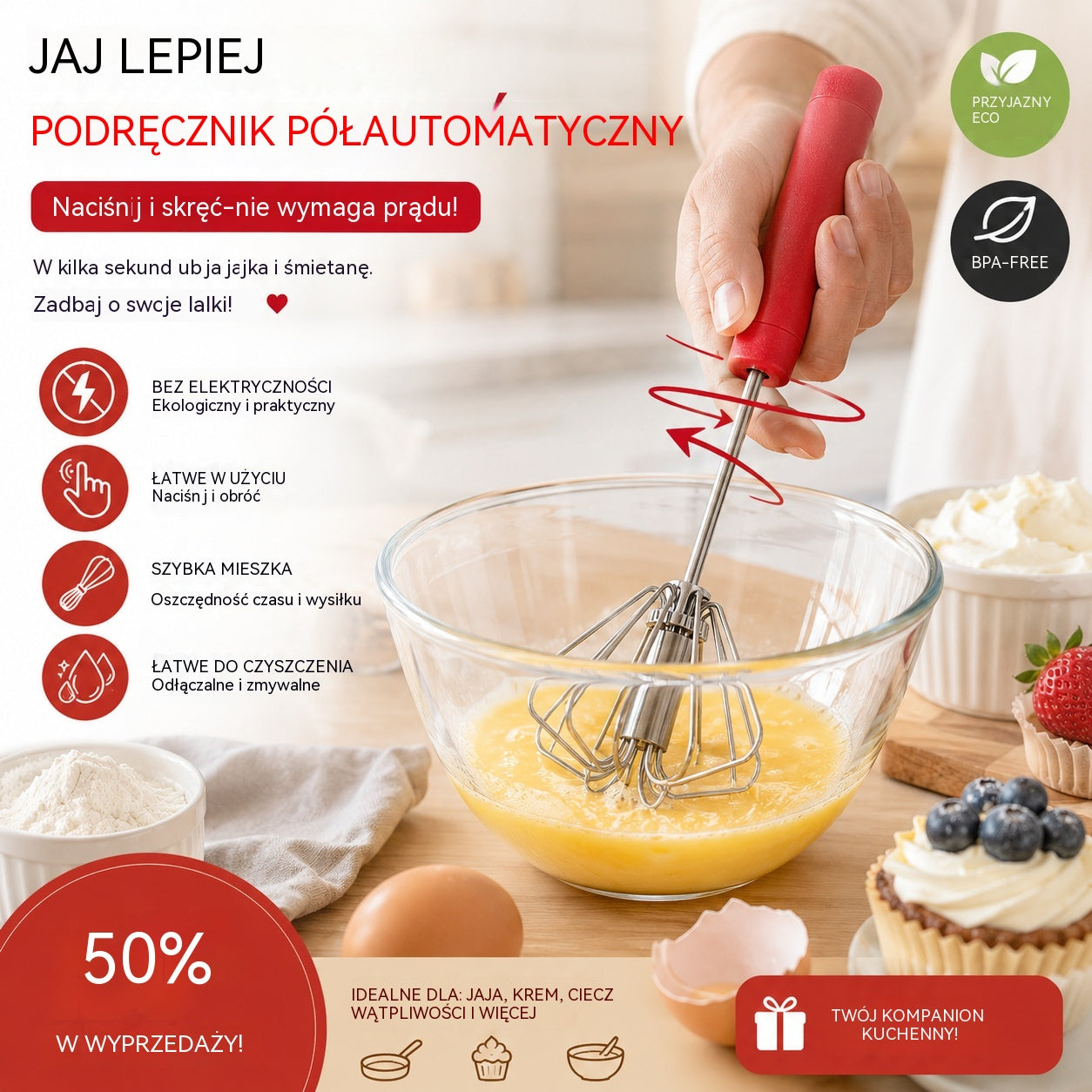 🥳Kup 1, drugi otrzymasz gratis🥳💞Ponad 50 000 sprzedanych sztuk!🥚💪 50% taniej! Półautomatyczna trzepaczka do jajek: wystarczy nacisnąć, by wprawić ją w ruch – bez użycia prądu. Ubija jajka i śmietanę w kilka sekund. Nie obciąża nadgarstków! ✨🧁