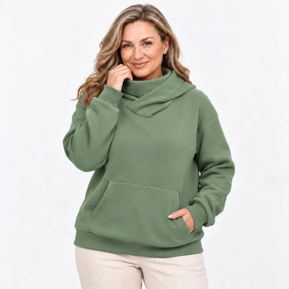 【S-3XL】Damowa bluza z kapturem – luźna, z efektem kołnierza, z długim rękawem, polarowa, z kieszeniami, outdoorowa