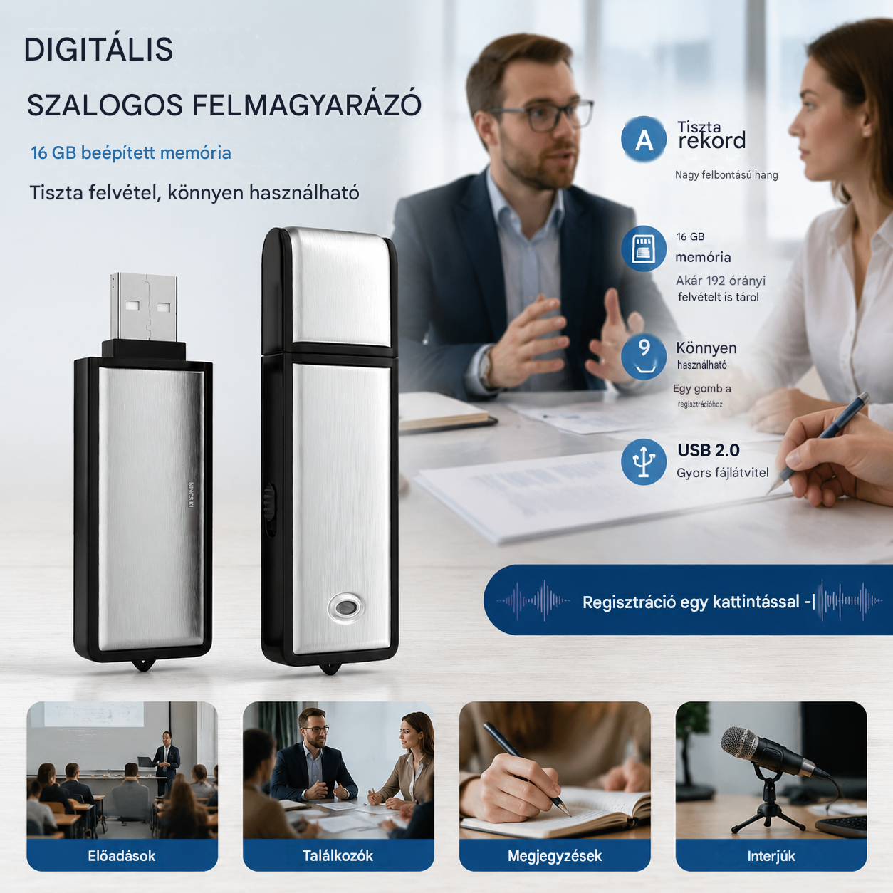 【16G】Rejtett USB hangrögzítő (UFD)