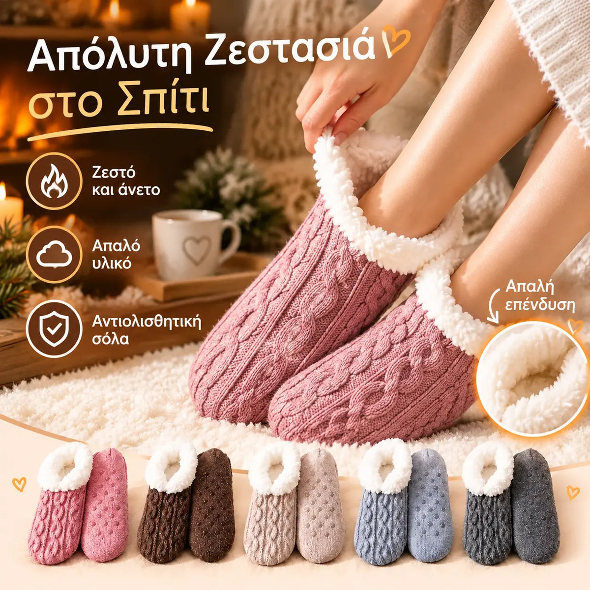 🧦 Ειδικό σετ 2 ζευγαριών: Χνουδωτές κάλτσες σπιτιού με αντιολισθητική σόλα σιλικόνης · Ζεστή γούνινη επένδυση · Ελαστική πλέξη με στριφτό σχέδιο · Άνεση και ζεστασιά για τον χειμώνα!