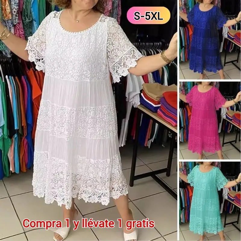 🔥【50% ZNIŻKI】✨✨✨【S-5XL】2026Nowa sukienka-t-shirt z krótkim rękawem, okrągłym dekoltem i koronką.